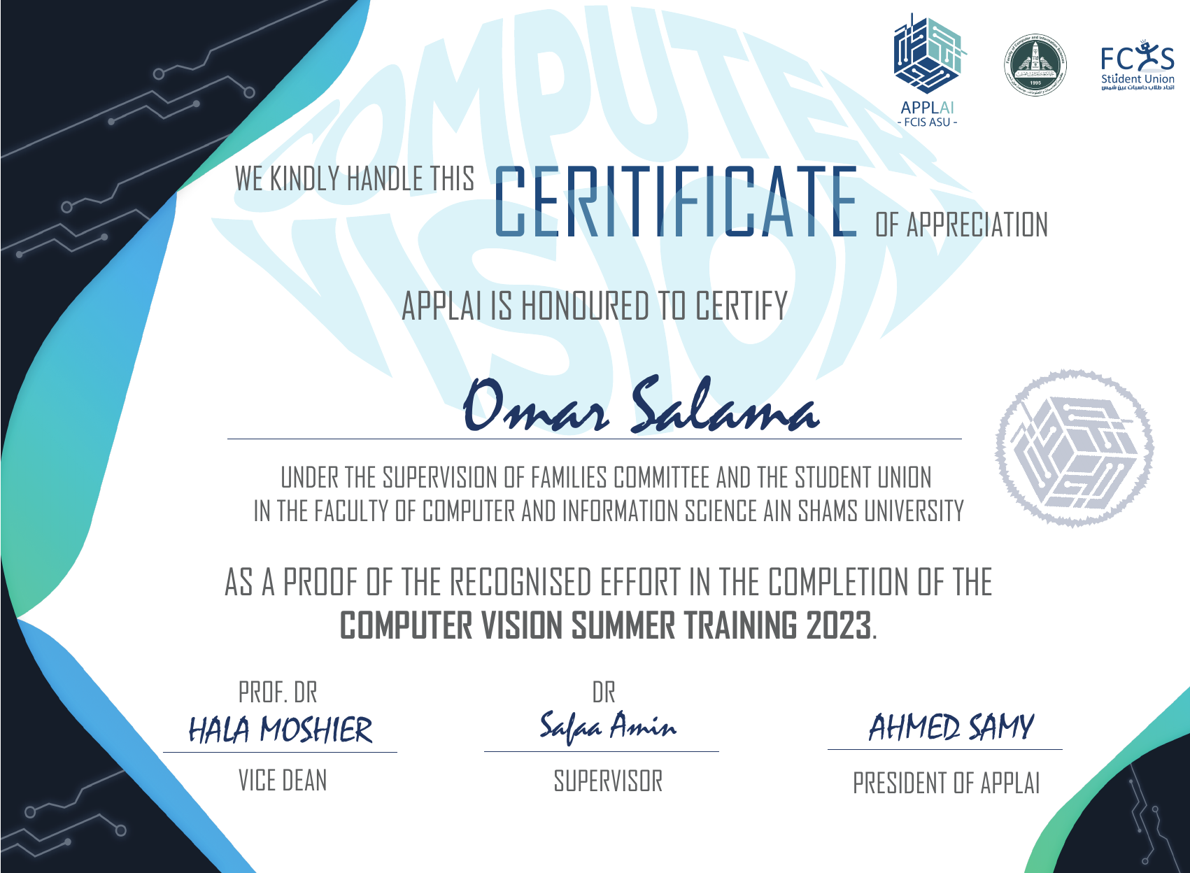 ApplAi Computer Vision Summer Training certificate