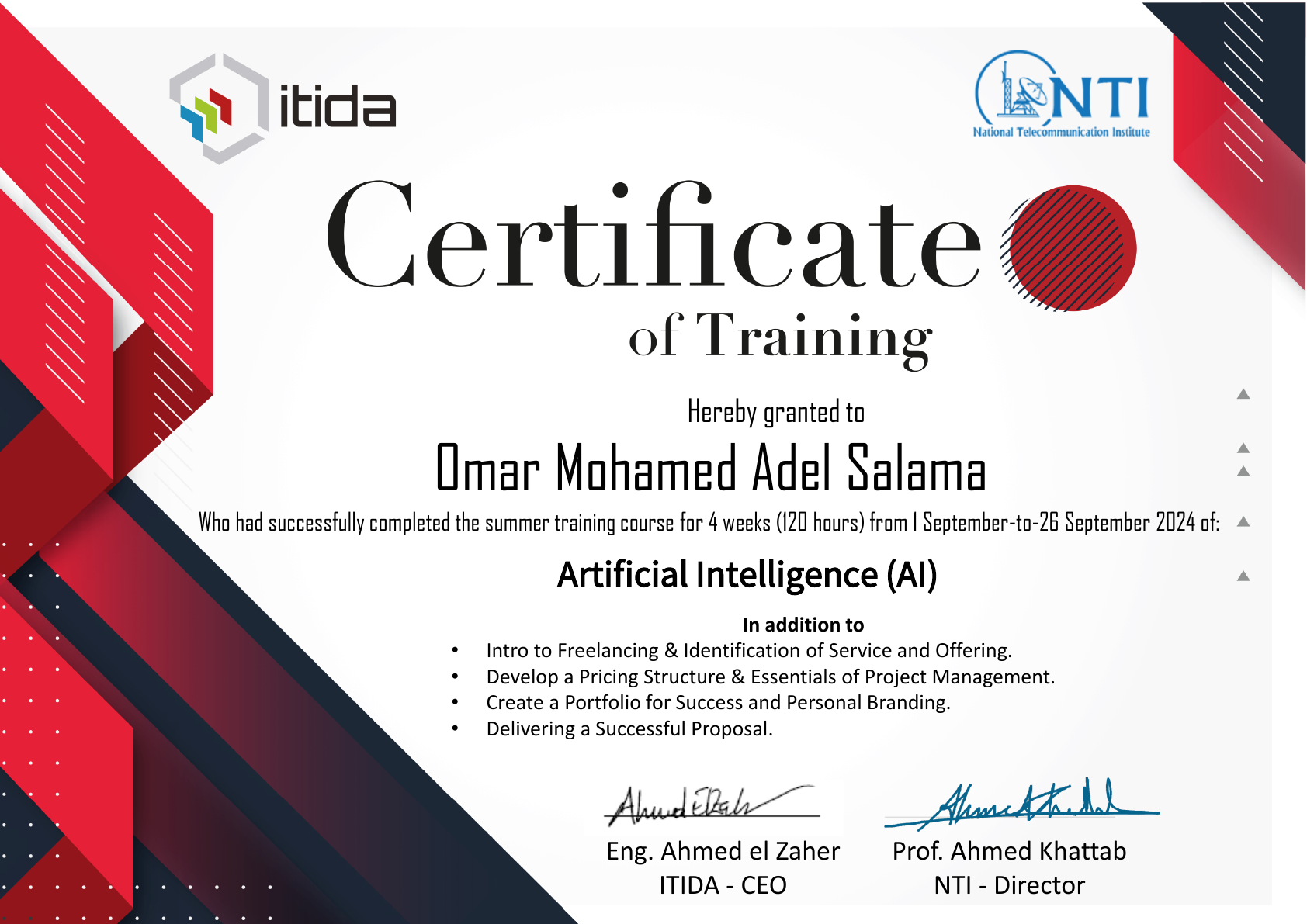 NTI and ITIDA Artificial Intelligence training certificate